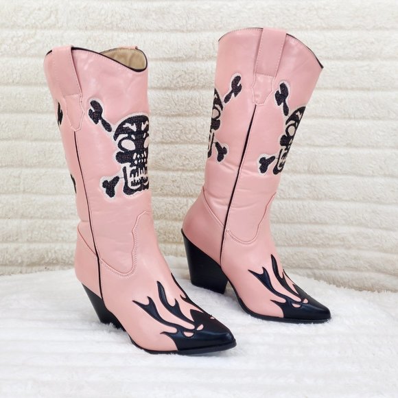 Ghost Rider Embroidered Skull & Bones Pink Cowboy Western Cowgirl Boots New - Picture 3 of 12